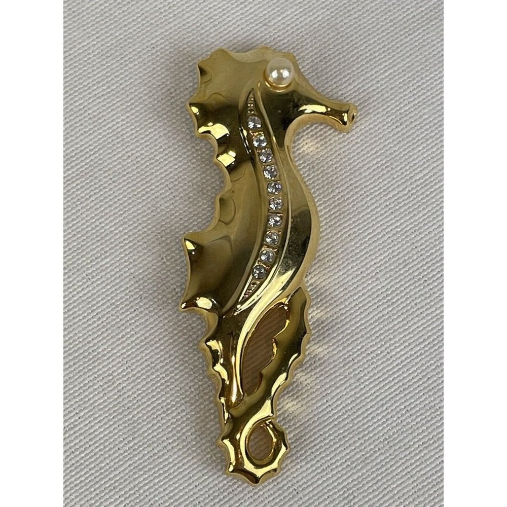 Goldtone Figural Seahorse Textured Gold Tone Brooch Pin Faux Pearl Rhinestones